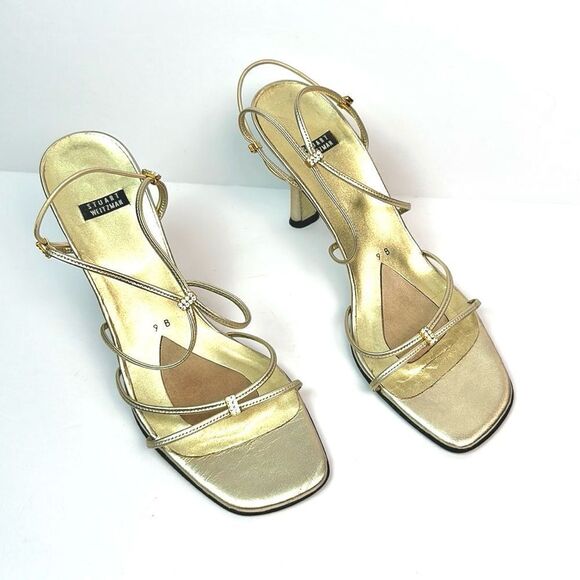 Stuart Weitzman Gold Strappy Heeled Sandals with Rhinestone Details US 9 - Picture 4 of 13